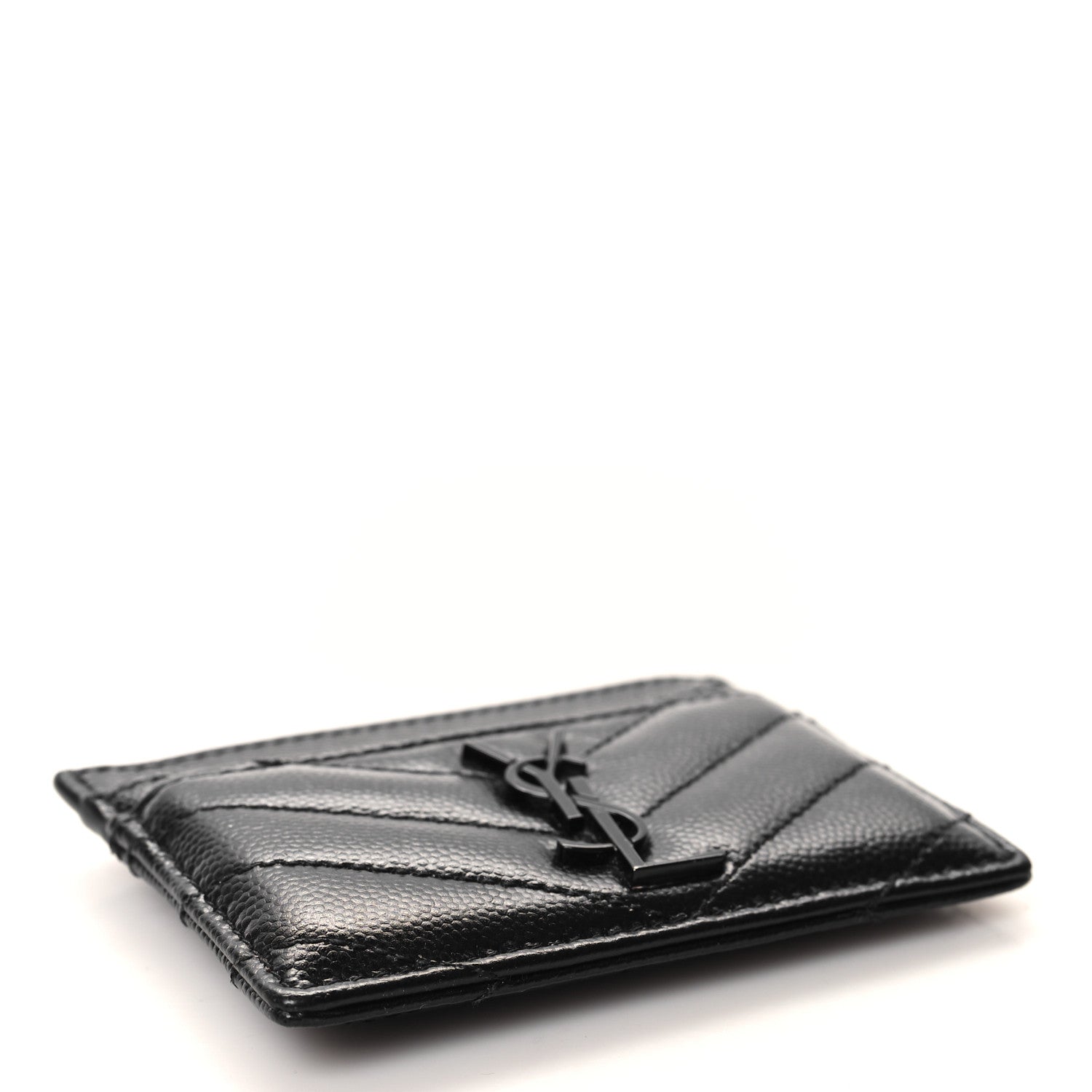 Saint Laurent Grain De Poudre Matelasse Chevron Monochrome Monogram Credit Card Case Black 4 of 7