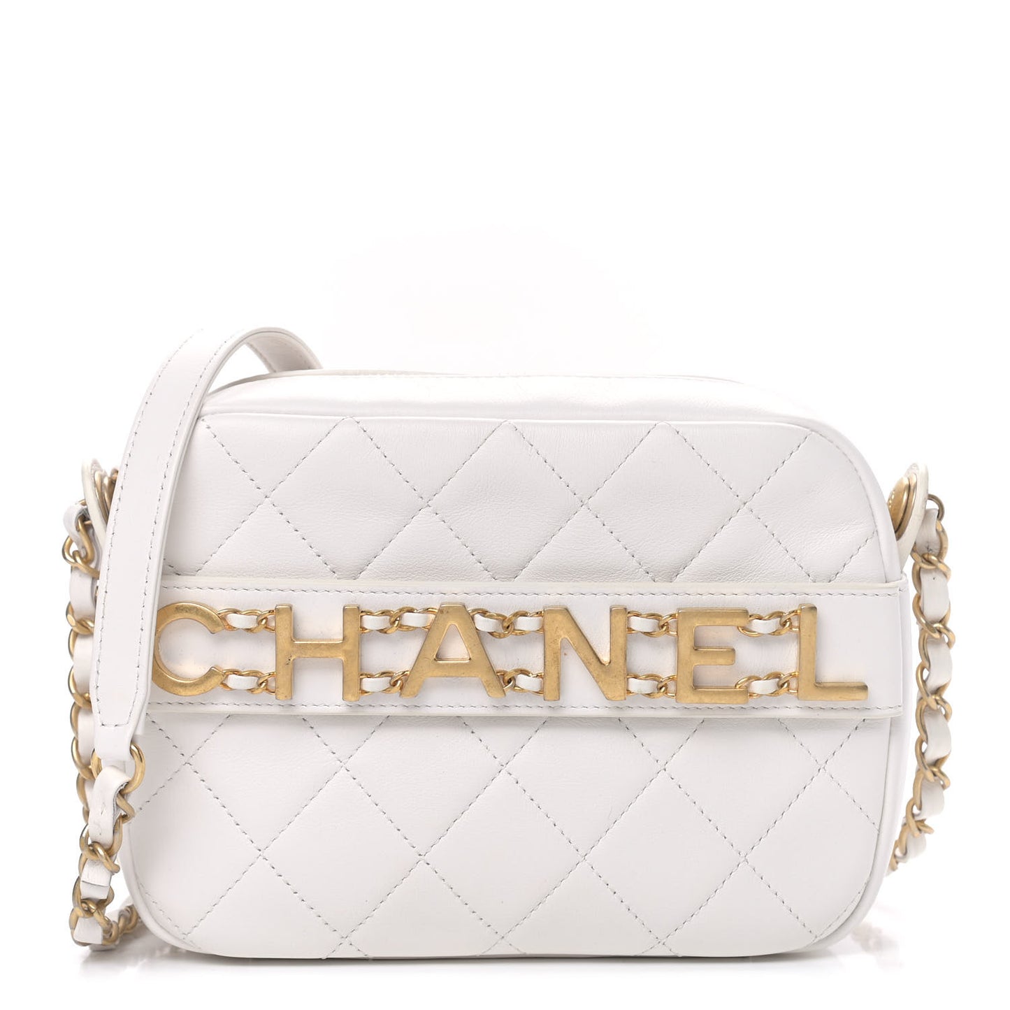 Calfskin Quilted Enchained Camera Case Bag White