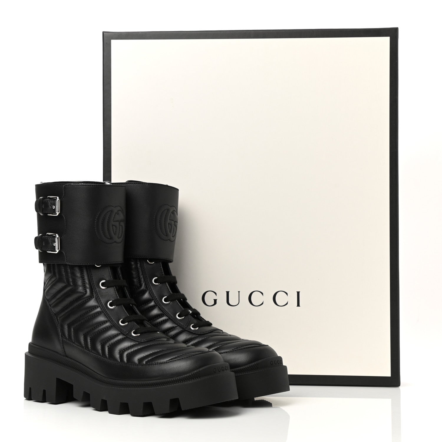 Gucci Nappa Frances GG Matelasse Platform Combat Boots 37.5 Black 9 of 9