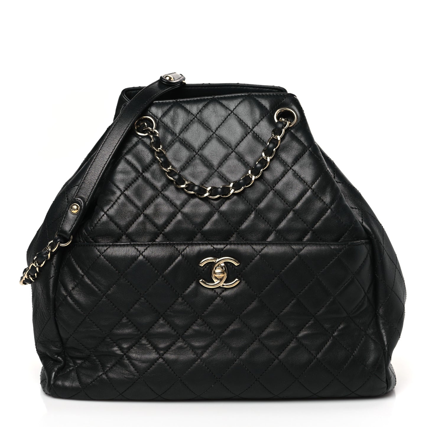 Lambskin Quilted Large Drawstring Bag Black