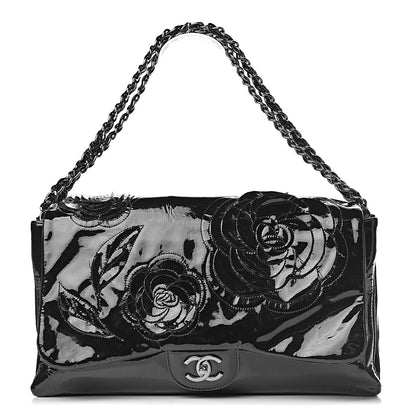 Chanel Patent Tweed Maxi Camellia Petals Flap Black 1 of 15