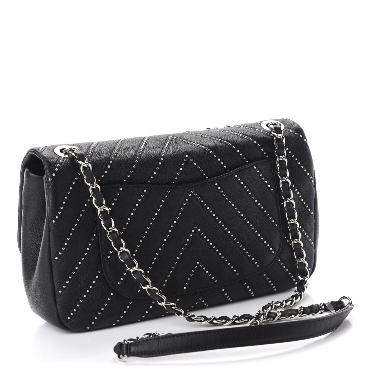 Calfskin Studded Chevron Quilted Medium Stud Wars Flap Black