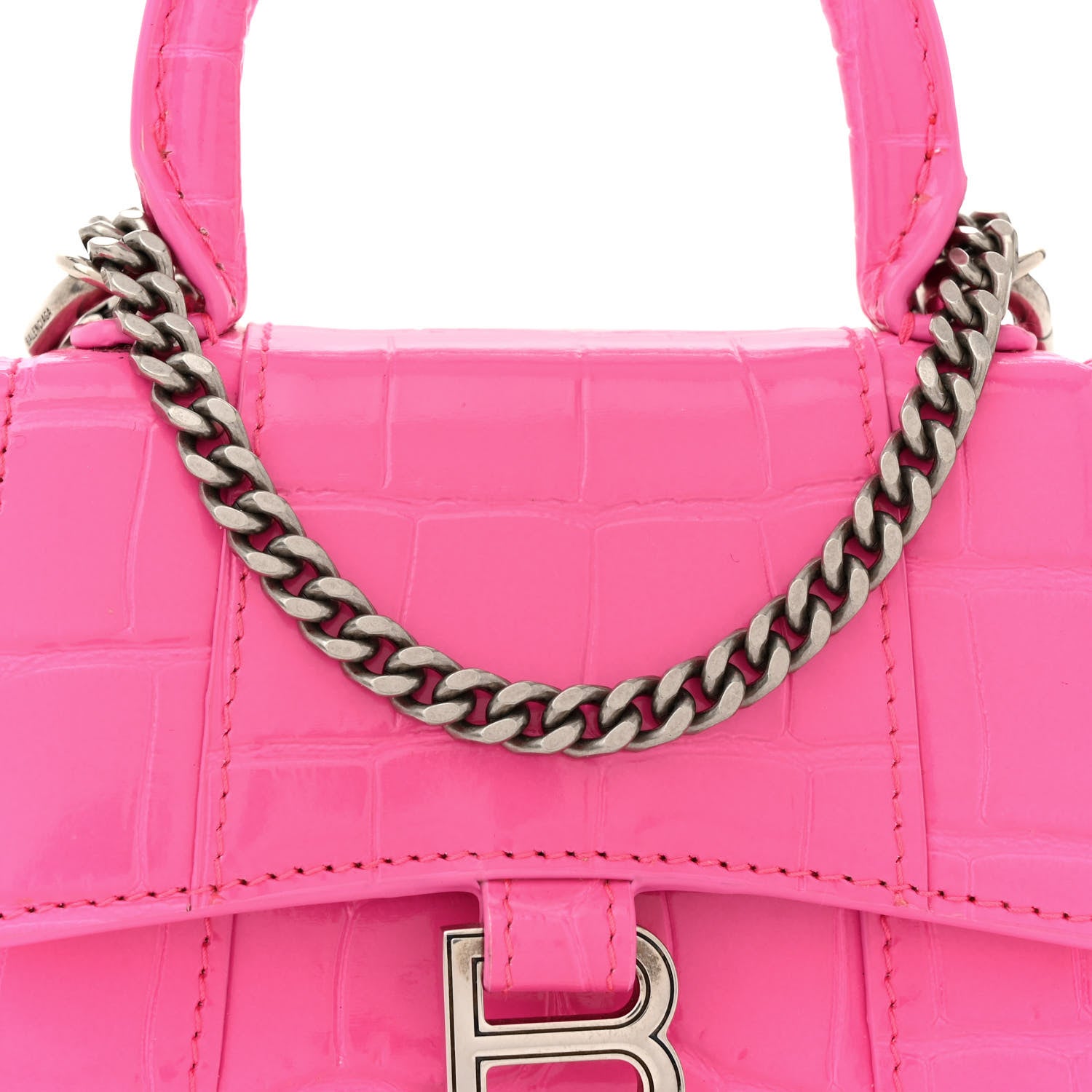 Balenciaga Shiny Calfskin Crocodile Embossed Hourglass Top Handle Bag Mini with Chain Neon Pink 7 of 14