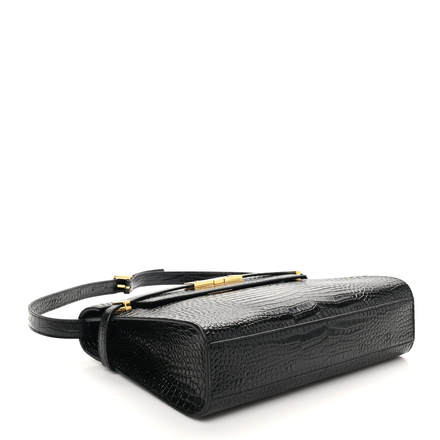 Shiny Calfskin Crocodile Embossed Manhattan Baguette Black