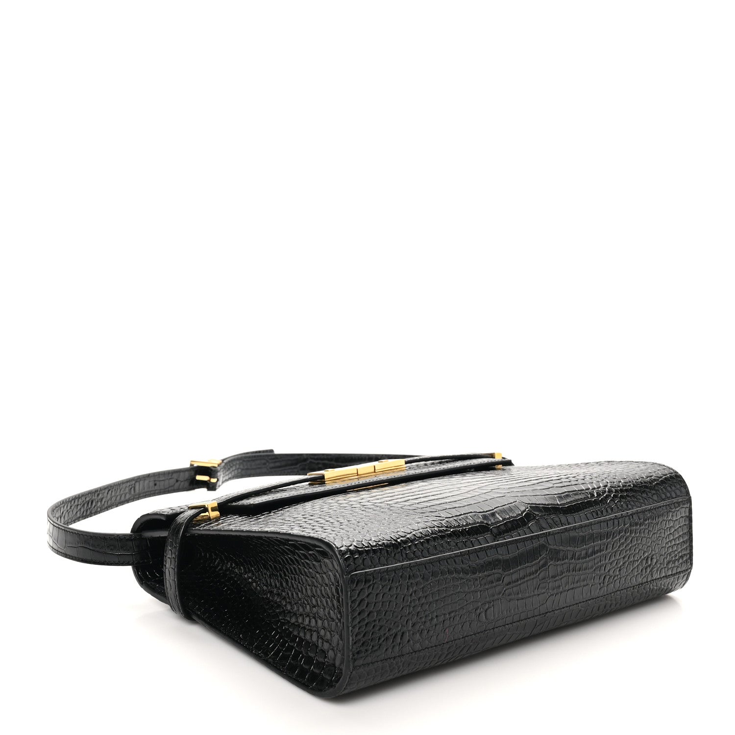 Saint Laurent Shiny Calfskin Crocodile Embossed Manhattan Baguette Black 4 of 10