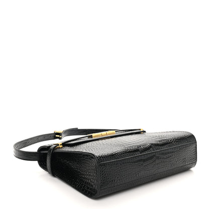 Saint Laurent Shiny Calfskin Crocodile Embossed Manhattan Baguette Black 4 of 10
