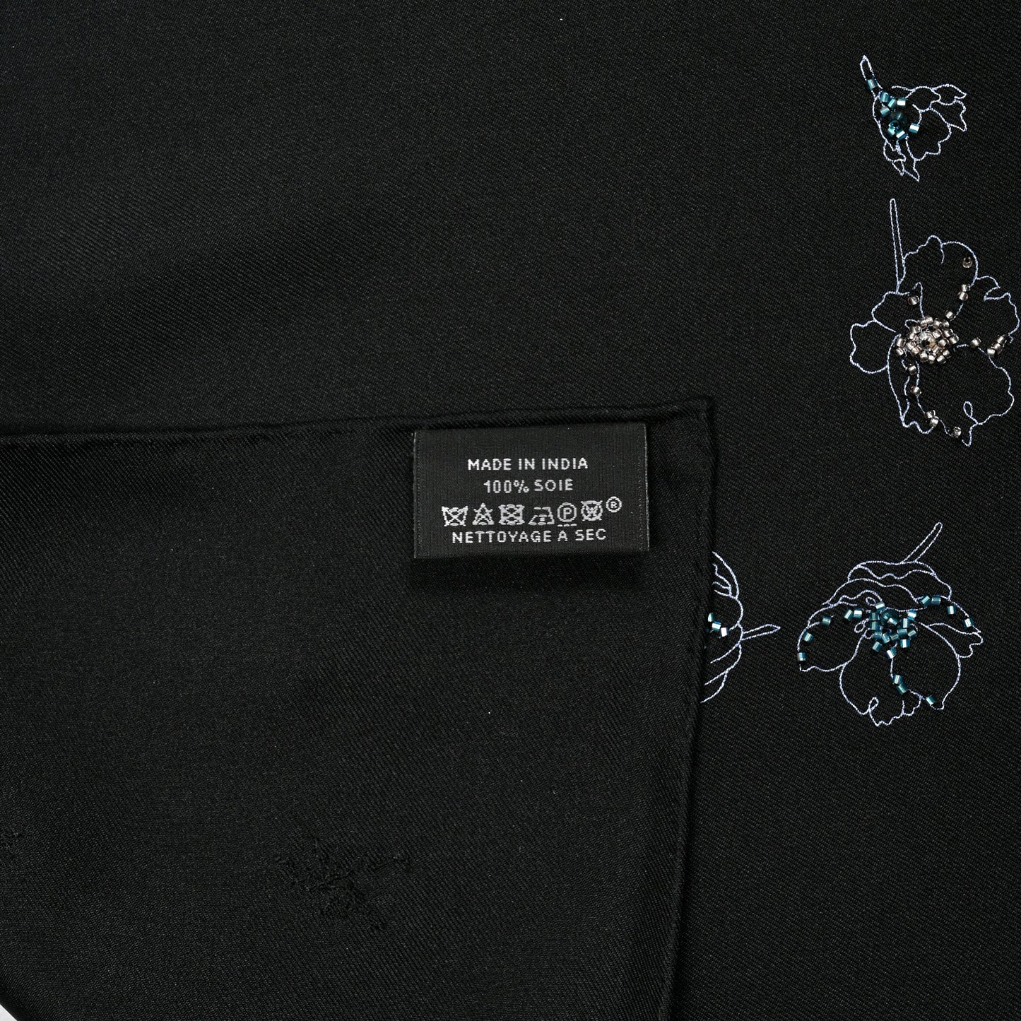 Silk Embroidered Robe Legere Scarf 90 Black Bleu