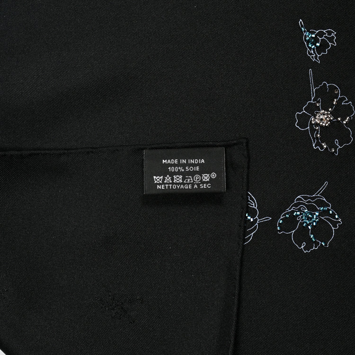 Hermes Silk Embroidered Robe Legere Scarf 90 Black Bleu 3 of 5