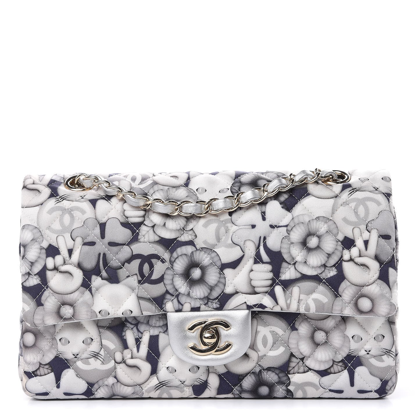 Nylon Quilted Medium Cat Emoticon Double Flap Navy Grey Ecru