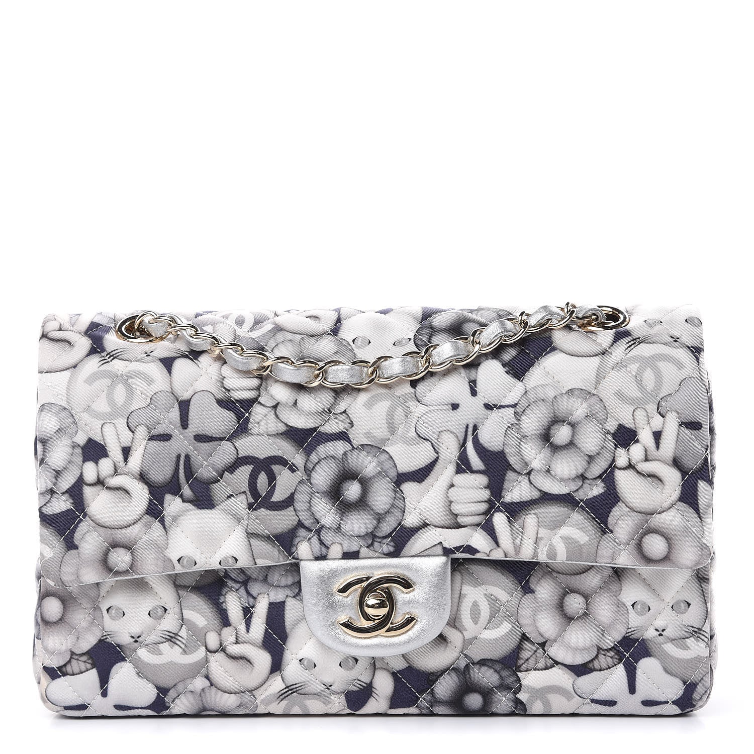 Chanel Nylon Quilted Medium Cat Emoticon Double Flap Navy Grey Ecru 1 of 13