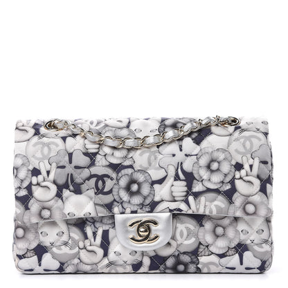 Chanel Nylon Quilted Medium Cat Emoticon Double Flap Navy Grey Ecru 1 of 13