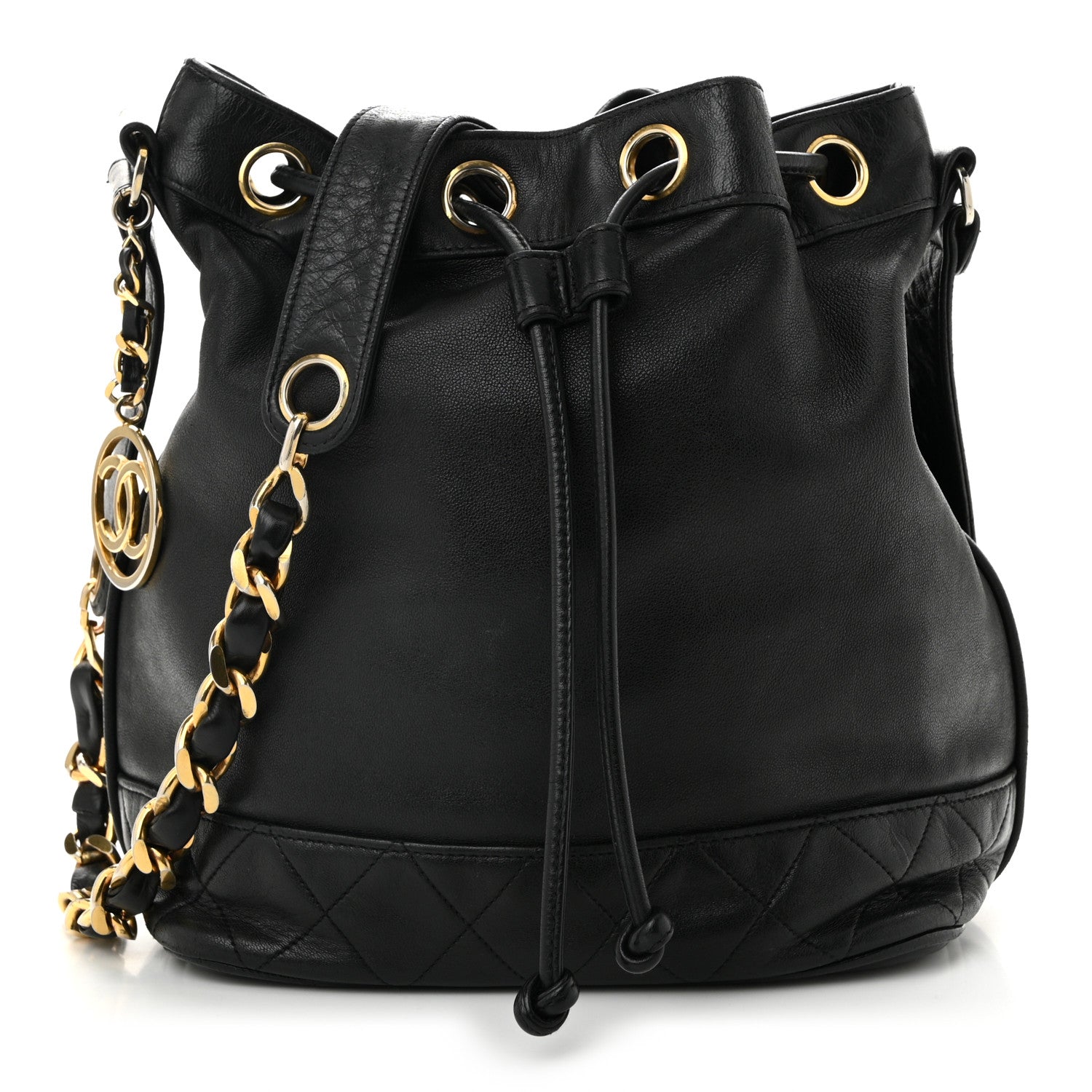 Chanel Lambskin Quilted Drawstring Bucket Bag Black 1 of 10