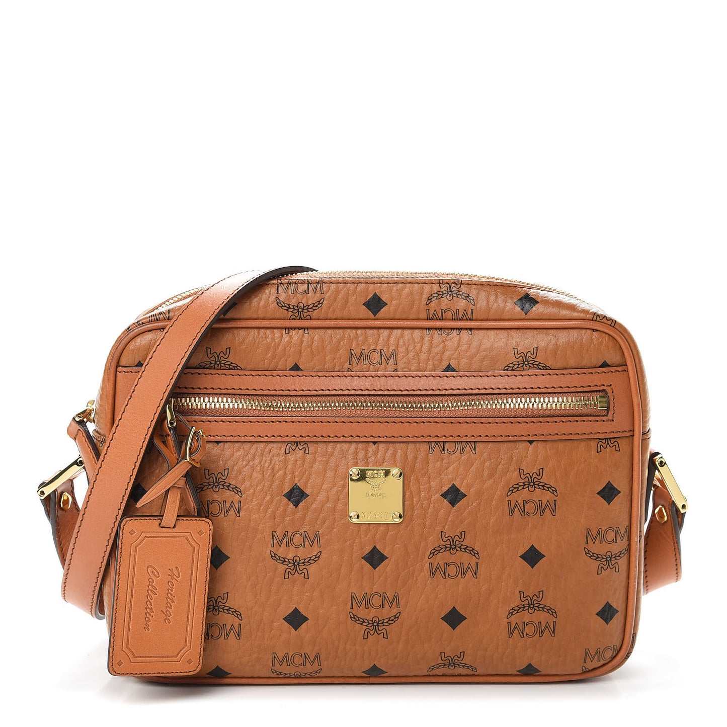 Visetos Medium Heritage Line Camera Crossbody Bag Cognac