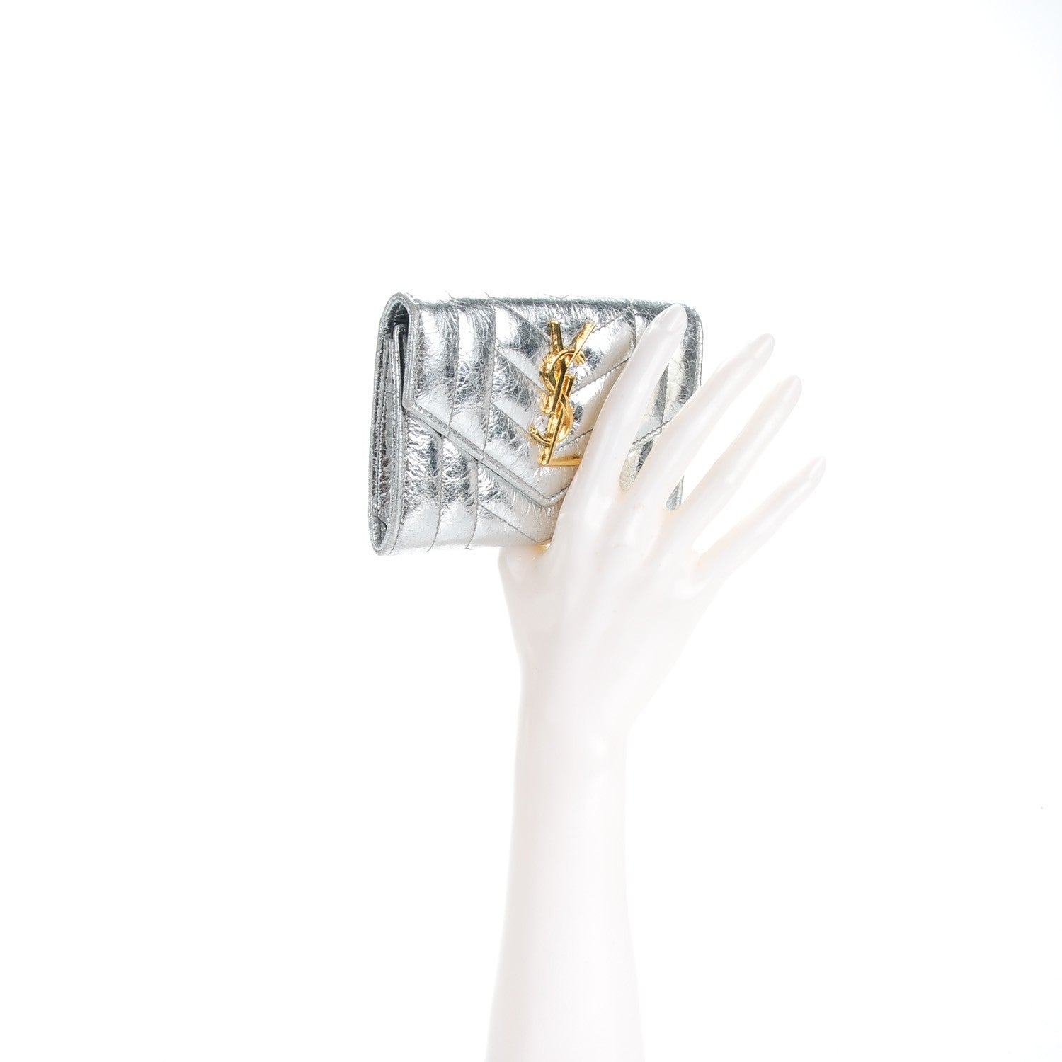 Saint Laurent Metallic Goatskin Mixed Matelasse Chevron Small Monogram Envelope Wallet Silver 2 of 9
