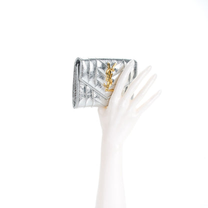 Saint Laurent Metallic Goatskin Mixed Matelasse Chevron Small Monogram Envelope Wallet Silver 2 of 9