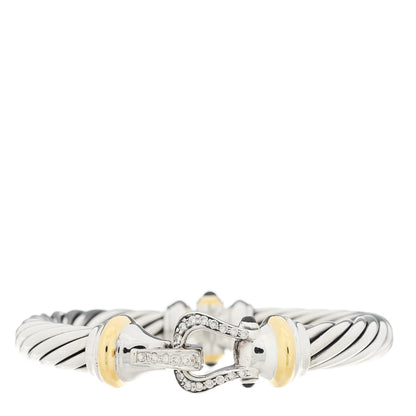 David Yurman Sterling Silver 18K Yellow Gold Diamond Garnet 10mm Cable Buckle Bracelet 1 of 3