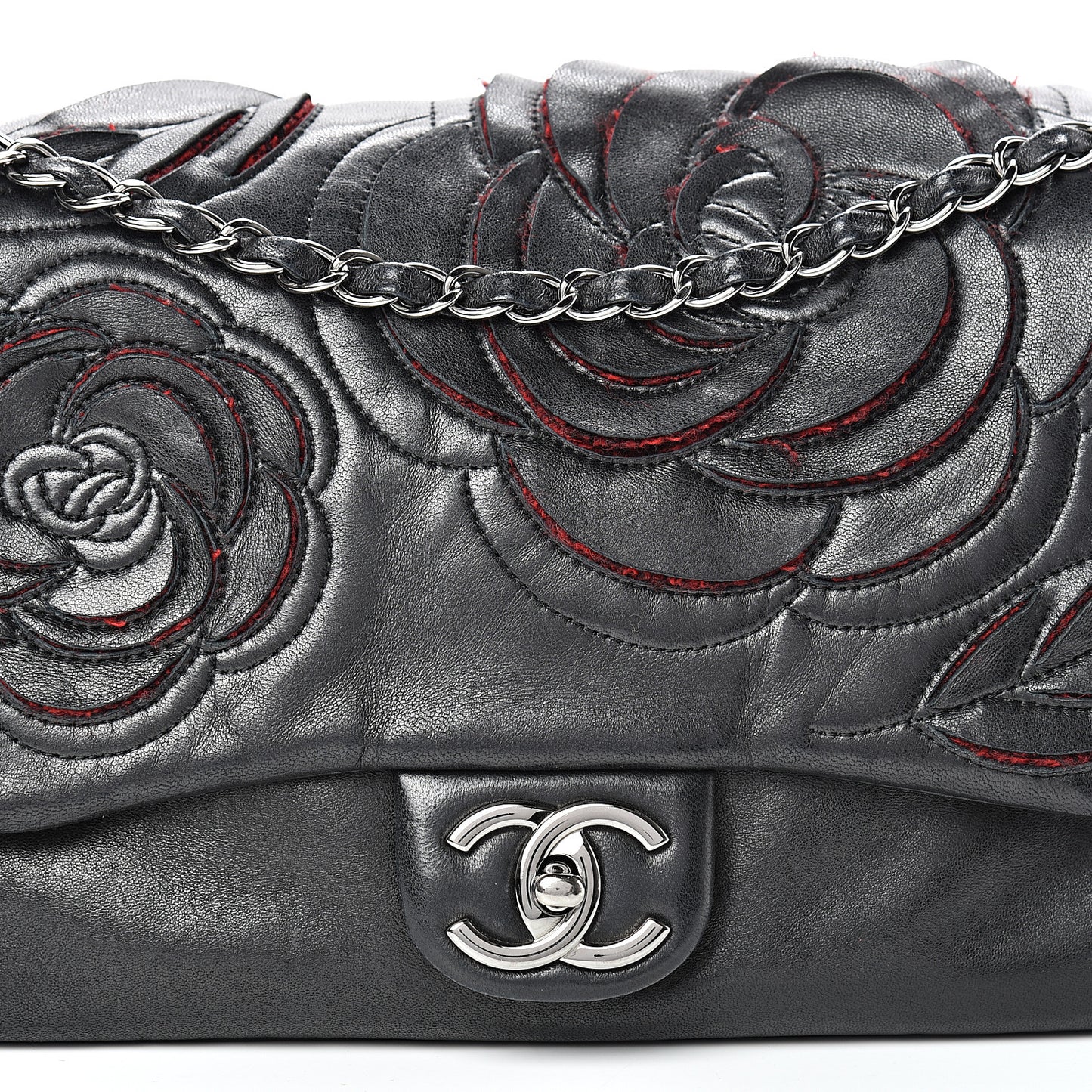 Lambskin Tweed Large Camellia Petals Flap Black