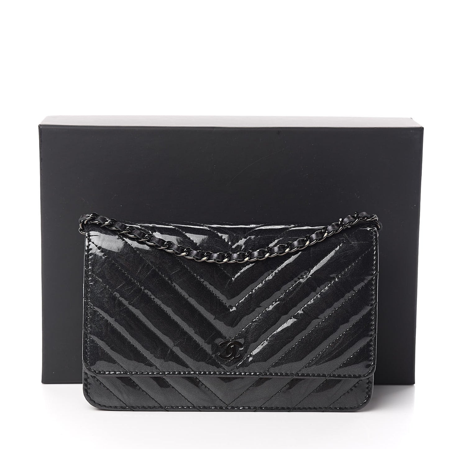 Patent Metallic Crumpled Calfskin Chevron Quilted Wallet On Chain WOC Black
