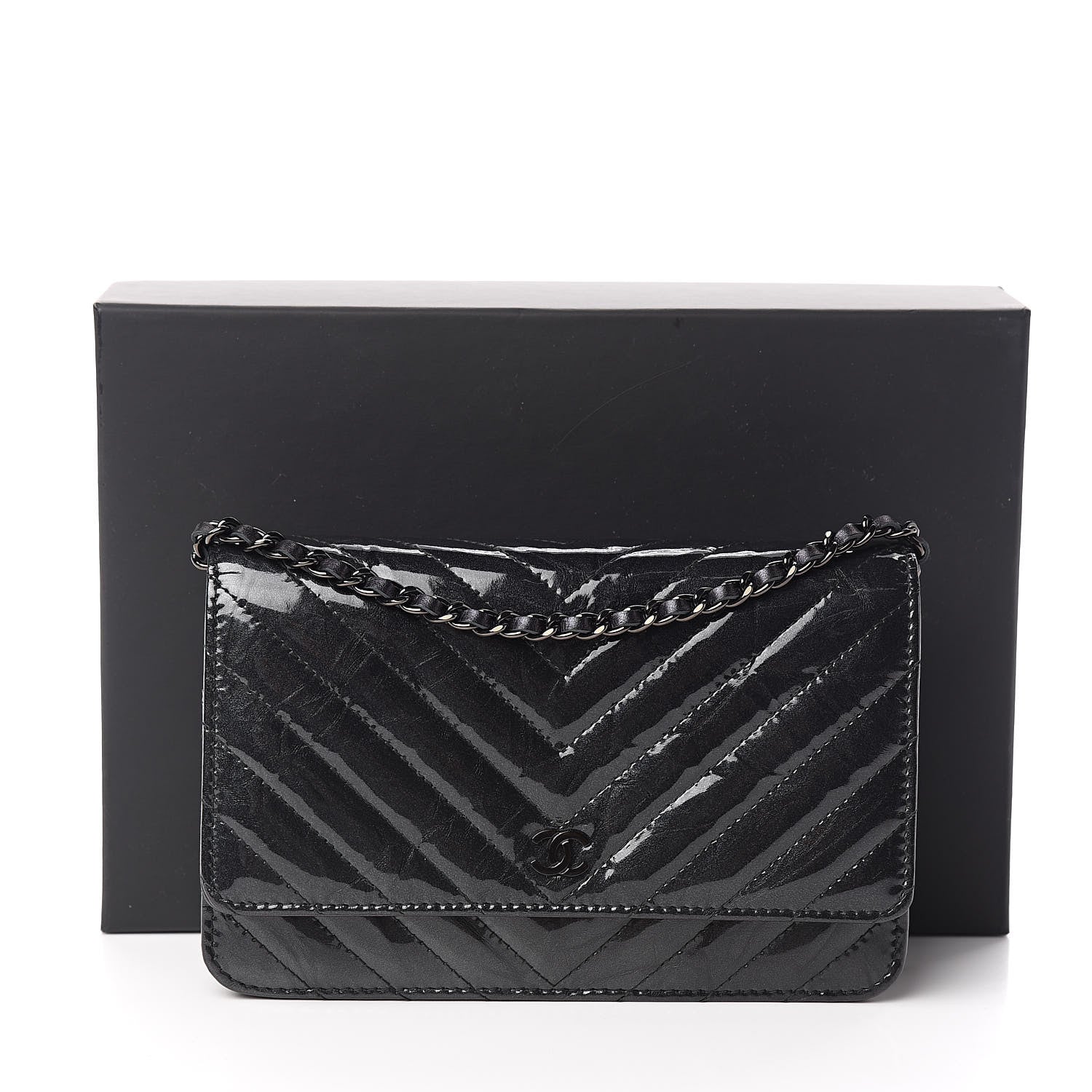 Chanel Patent Metallic Crumpled Calfskin Chevron Quilted Wallet On Chain WOC Black 13 of 13