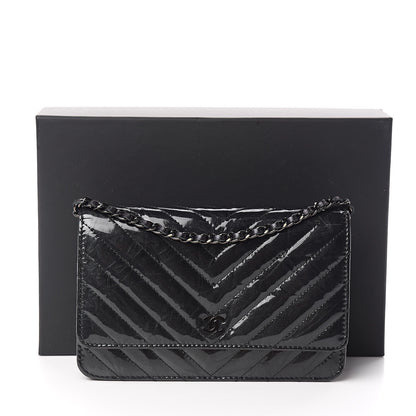 Chanel Patent Metallic Crumpled Calfskin Chevron Quilted Wallet On Chain WOC Black 13 of 13