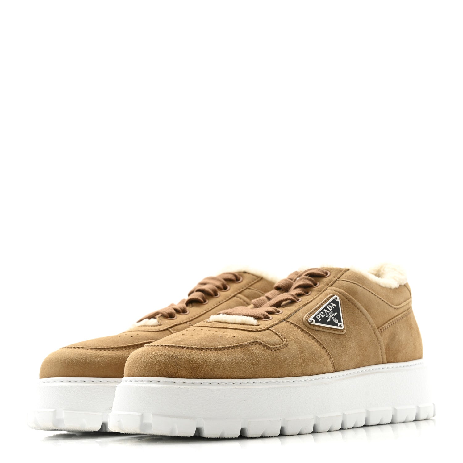 Prada Suede Shearling Triangle Logo Downtown Sneakers 40 Ecru 4 of 10