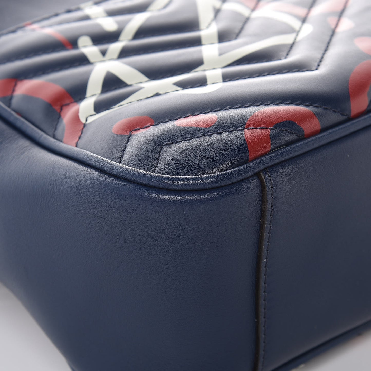 Calfskin Matelasse GucciGhost Medium GG Marmont Chain Shoulder Bag Blue Agata Hibiscus Red