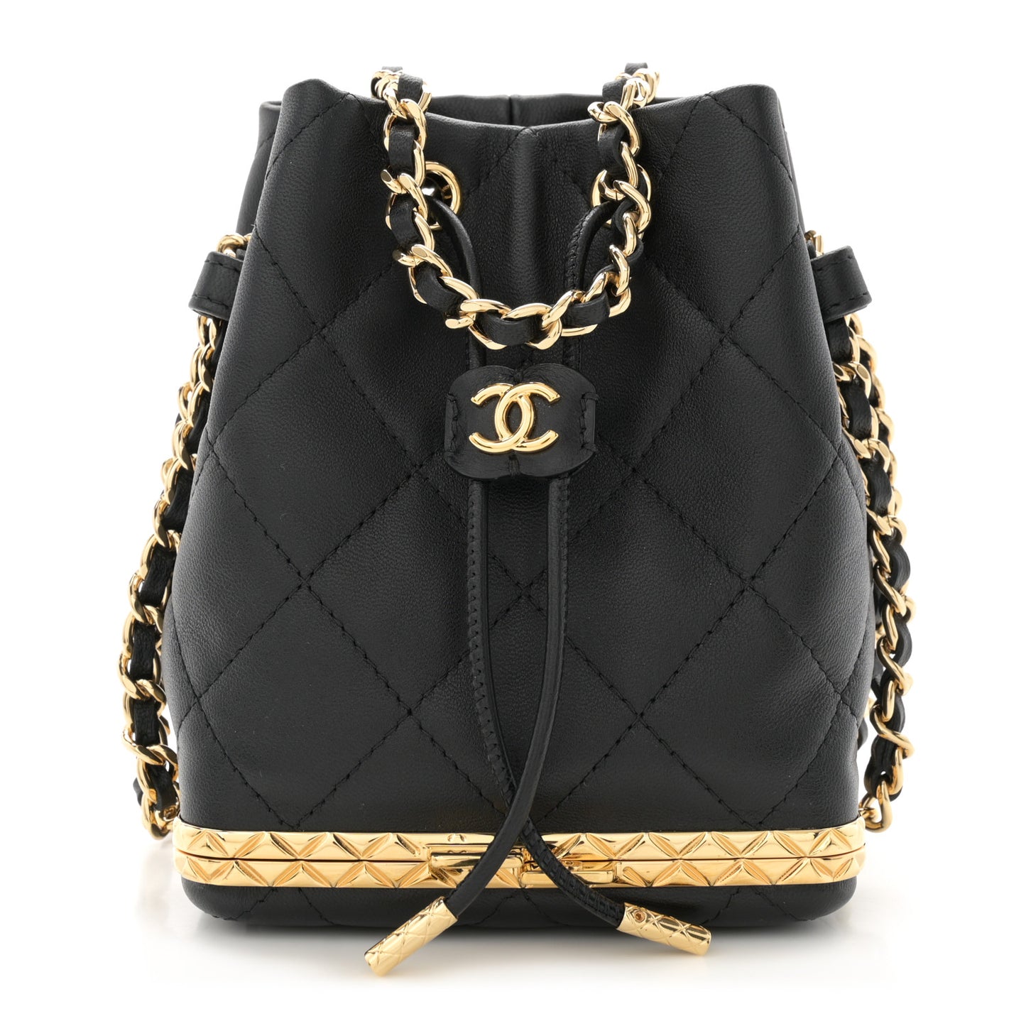 Metal Lambskin Quilted Small Chain Bucket Bag Black