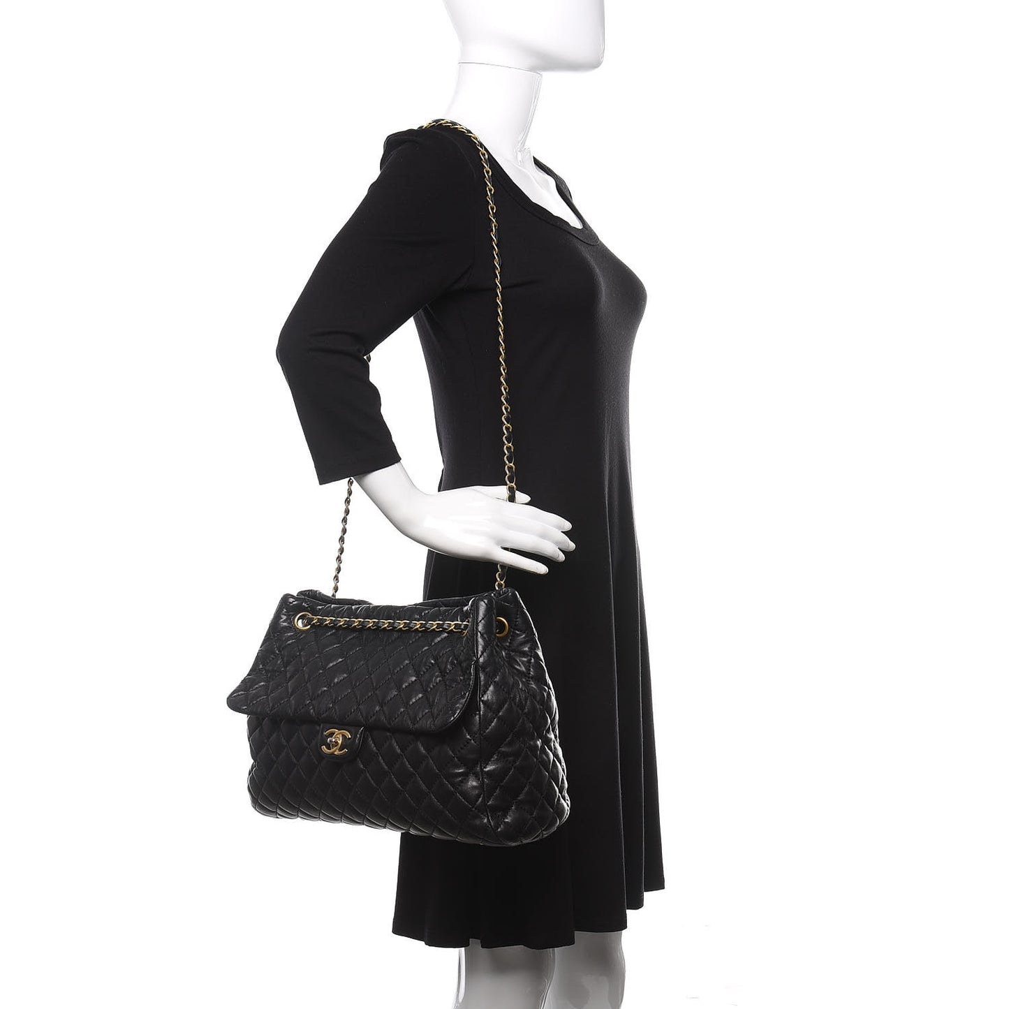 Lambskin Quilted Large Fluffy CC Shopping Tote Black