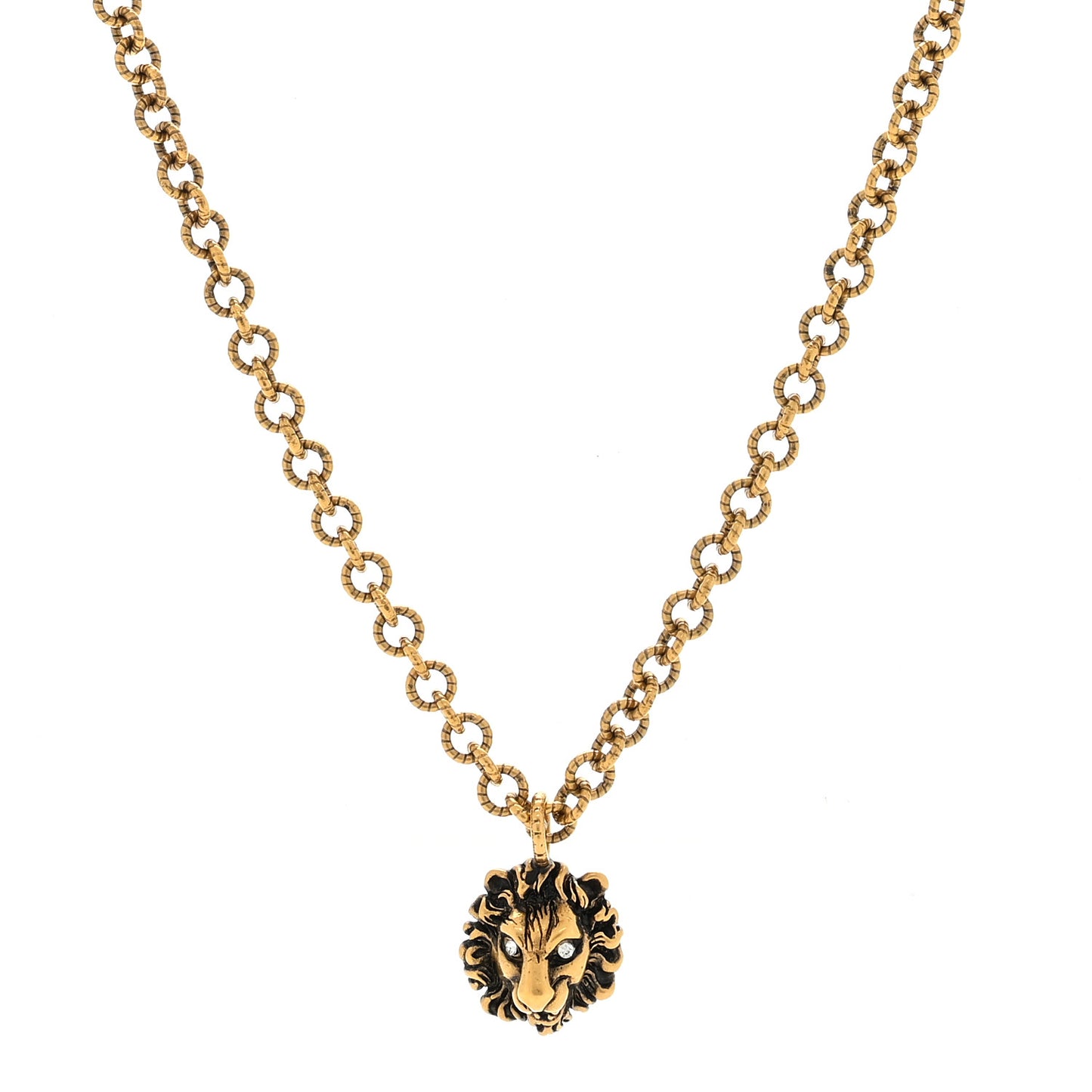 Metal Crystal Lion Head Necklace Aged Gold