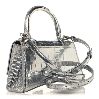 Balenciaga Metallic Calfskin Crocodile Embossed Crystal Hourglass Top Handle Bag XS Silver 3 of 12