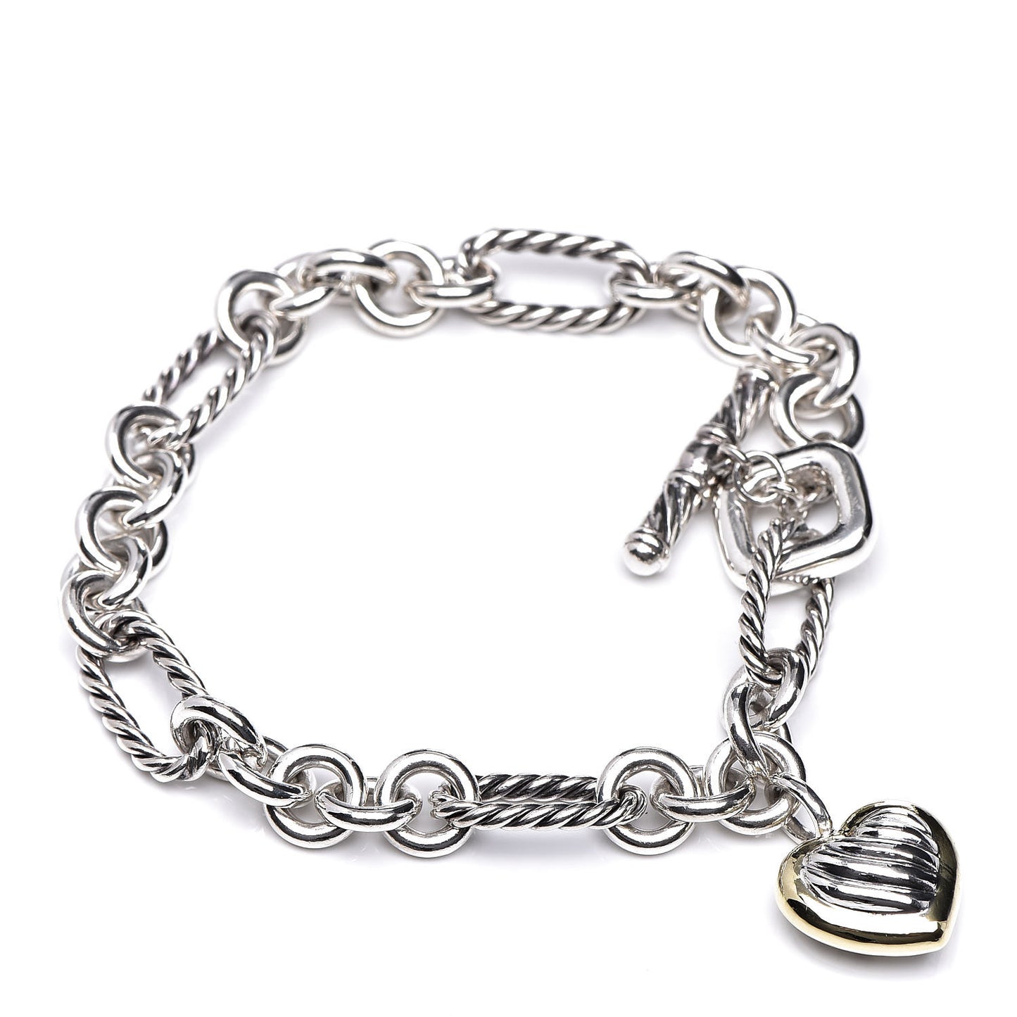 Sterling Silver 18K Yellow Gold Cable Heart Charm Bracelet