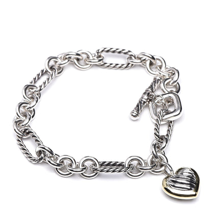 David Yurman Sterling Silver 18K Yellow Gold Cable Heart Charm Bracelet 1 of 5