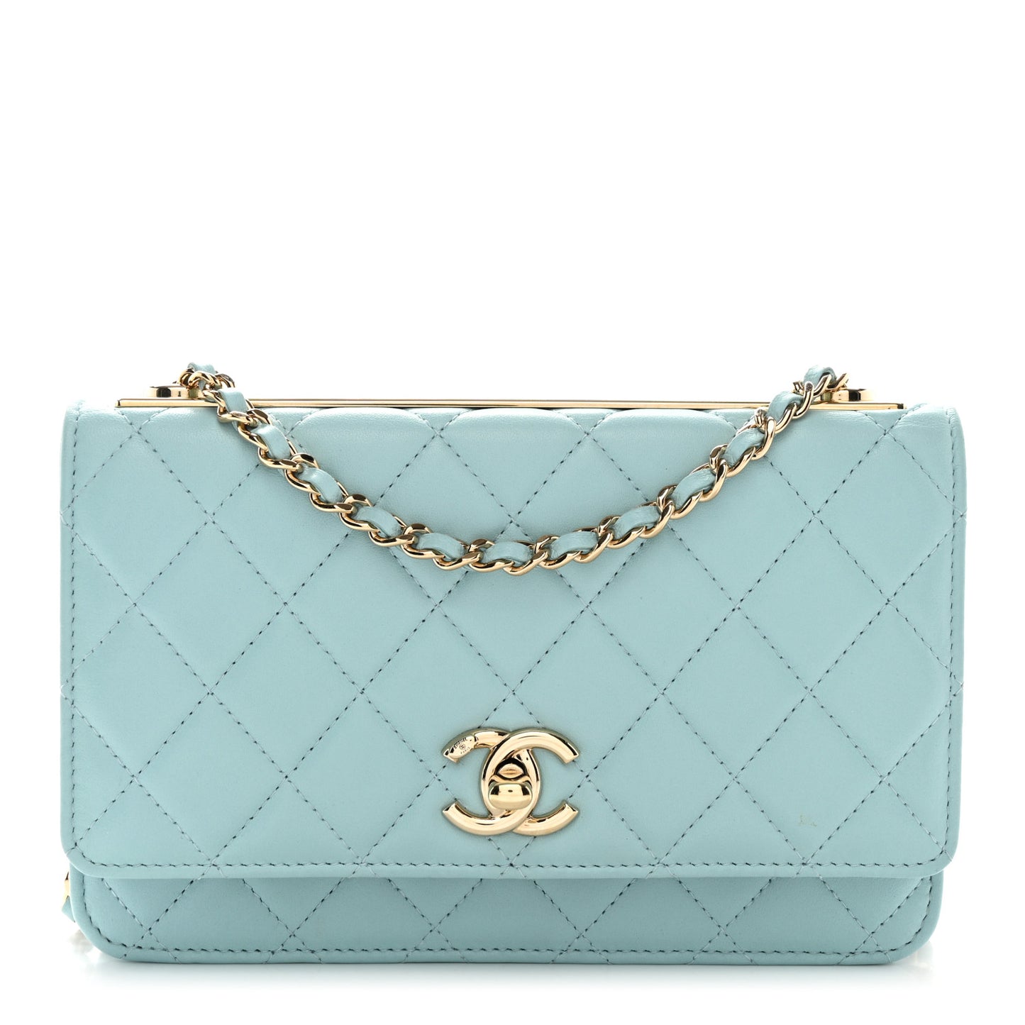 Lambskin Quilted Trendy CC Wallet On Chain WOC Light Blue