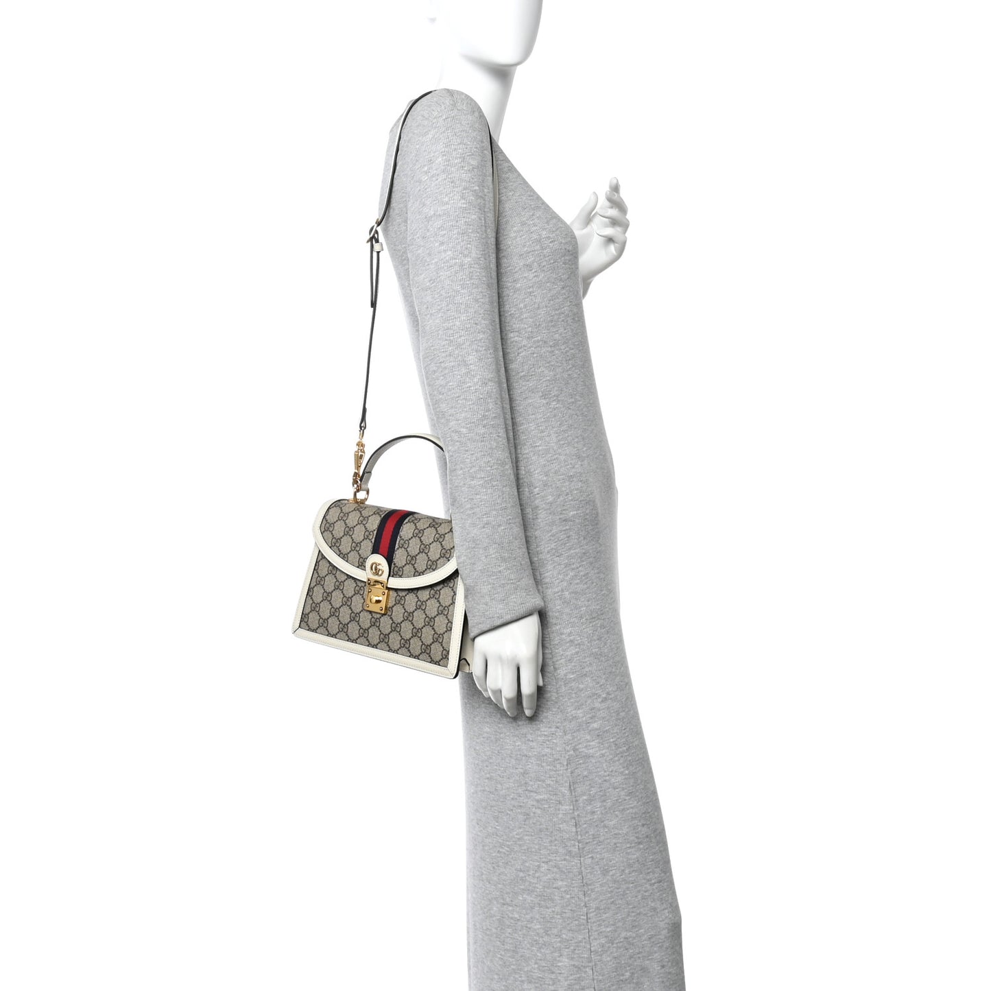 GG Supreme Monogram Textured Dollar Calfskin Web Small Ophidia Padlock Top Handle Bag  Beige Ebony Mystic White