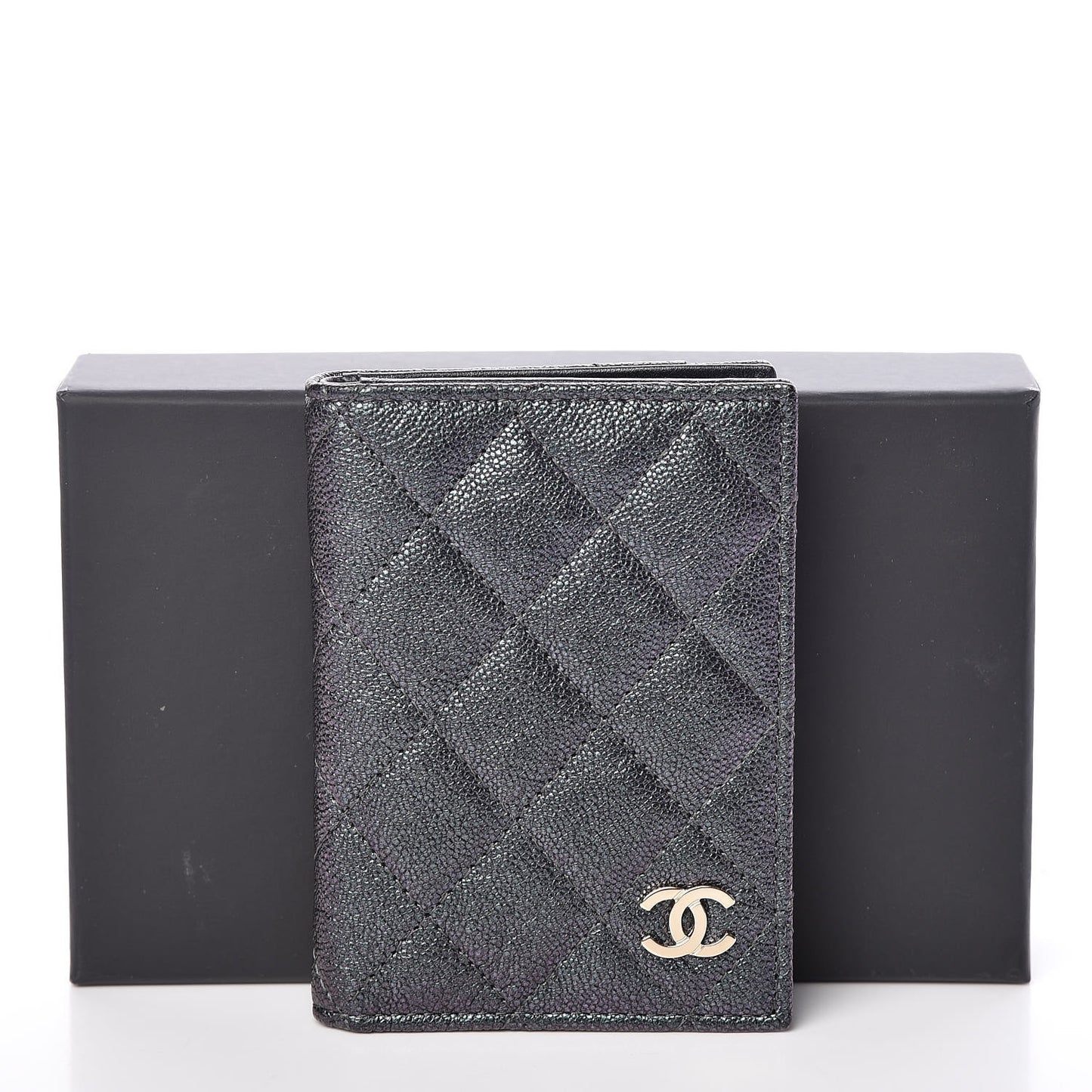 Iridescent Caviar Quilted Card Holder Wallet Black