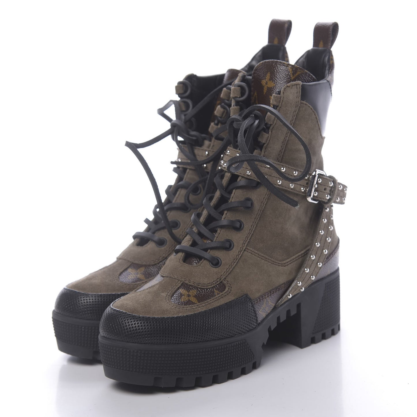 Suede Calfskin Monogram Laureate Platform Desert Boots 36 Kaki