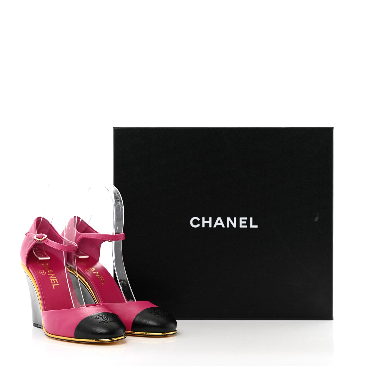 Chanel Lambskin Cap Toe Open Wedge 37.5 Fuchsia Black 1647987