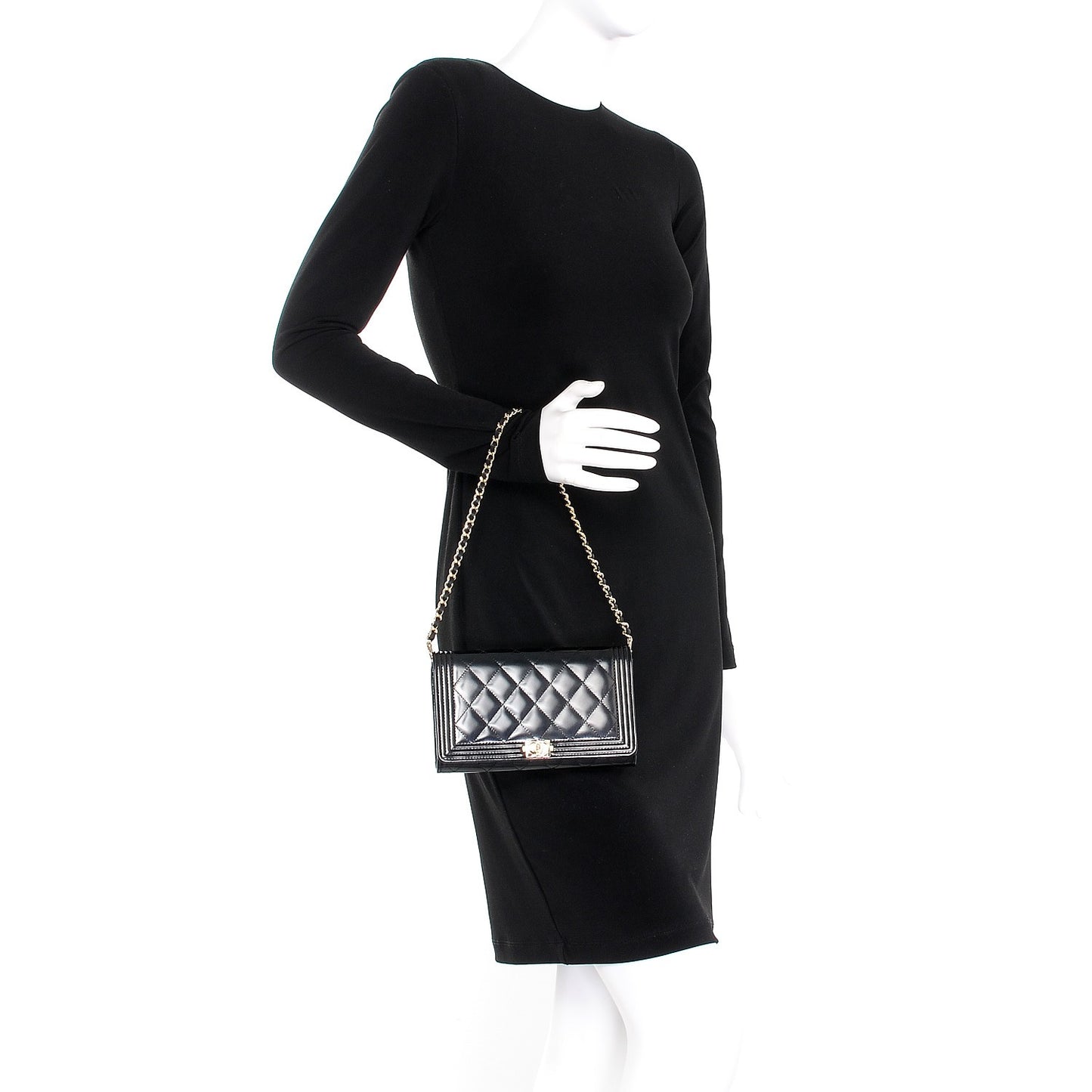 Patent Calfskin Quilted Boy Wallet on Removable Chain Black