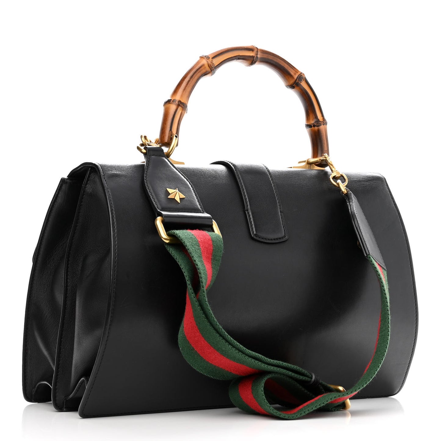 Calfskin Bamboo Web Large Dionysus Top Handle Bag Black Bright Evergreen Hibiscus Red