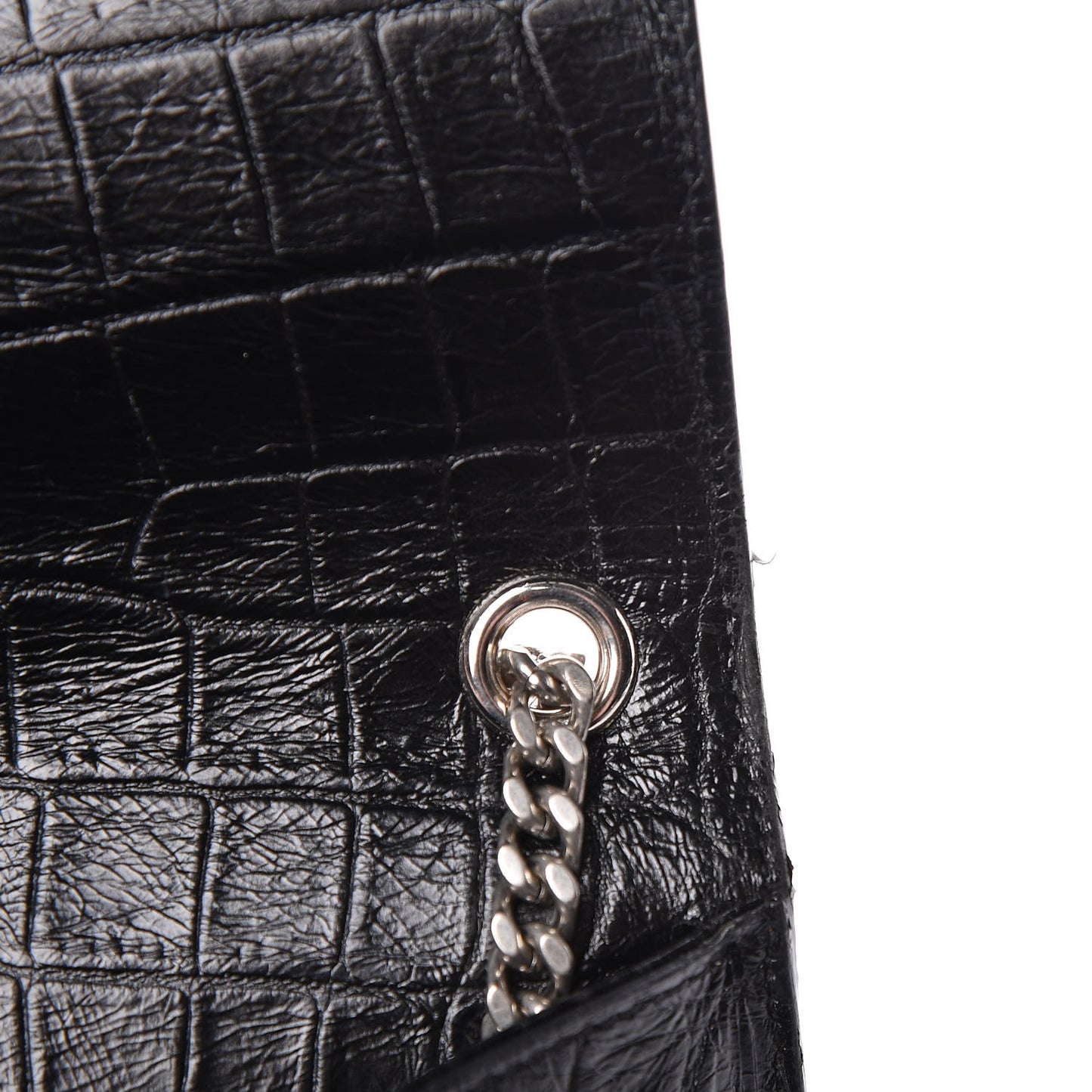 Calfskin Crocodile Embossed Medium Classic Monogram Kate Tassel Satchel Black