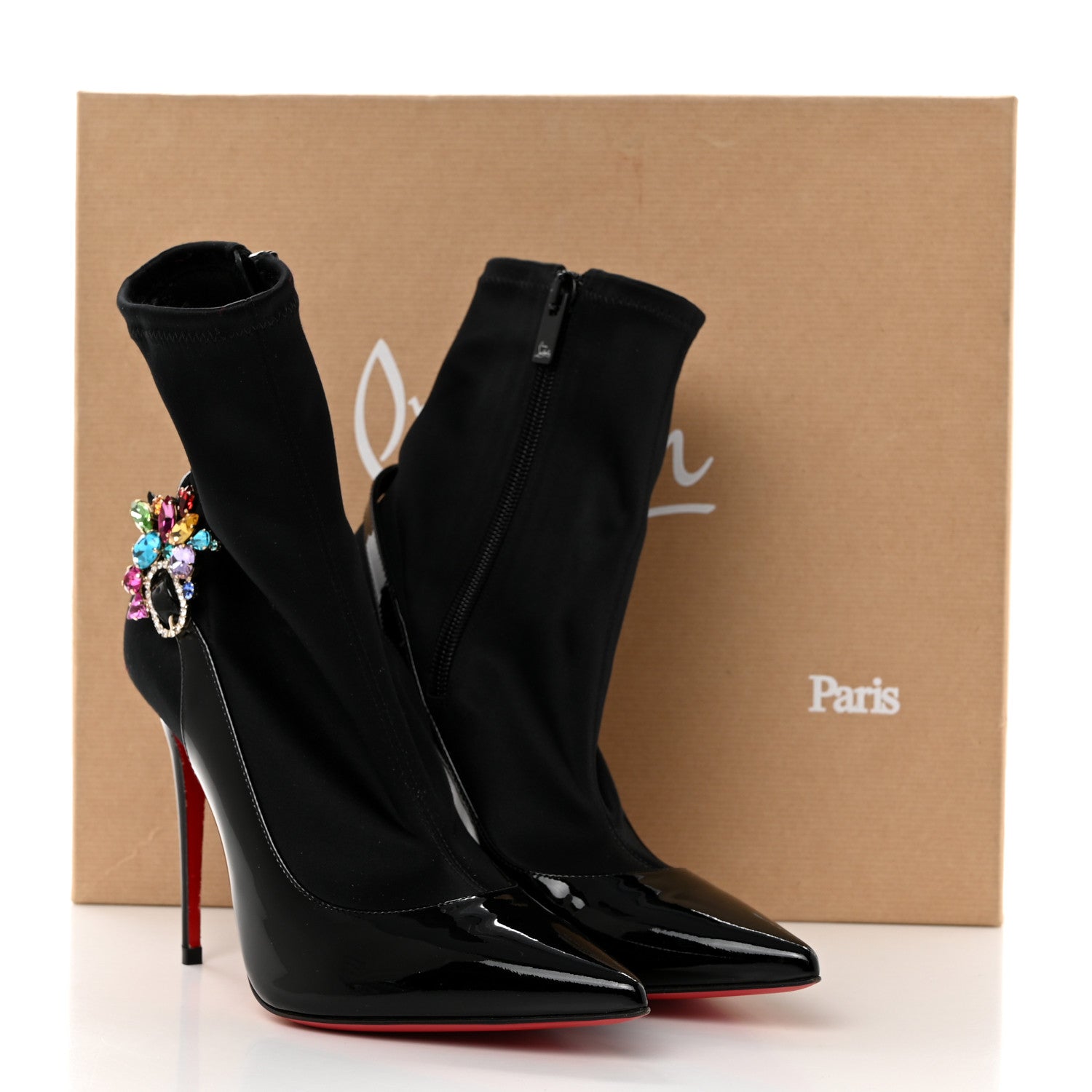 Christian Louboutin Patent Satin Crystal Jessie Booty Joli 100 Sock Boots 35 Black 8 of 8