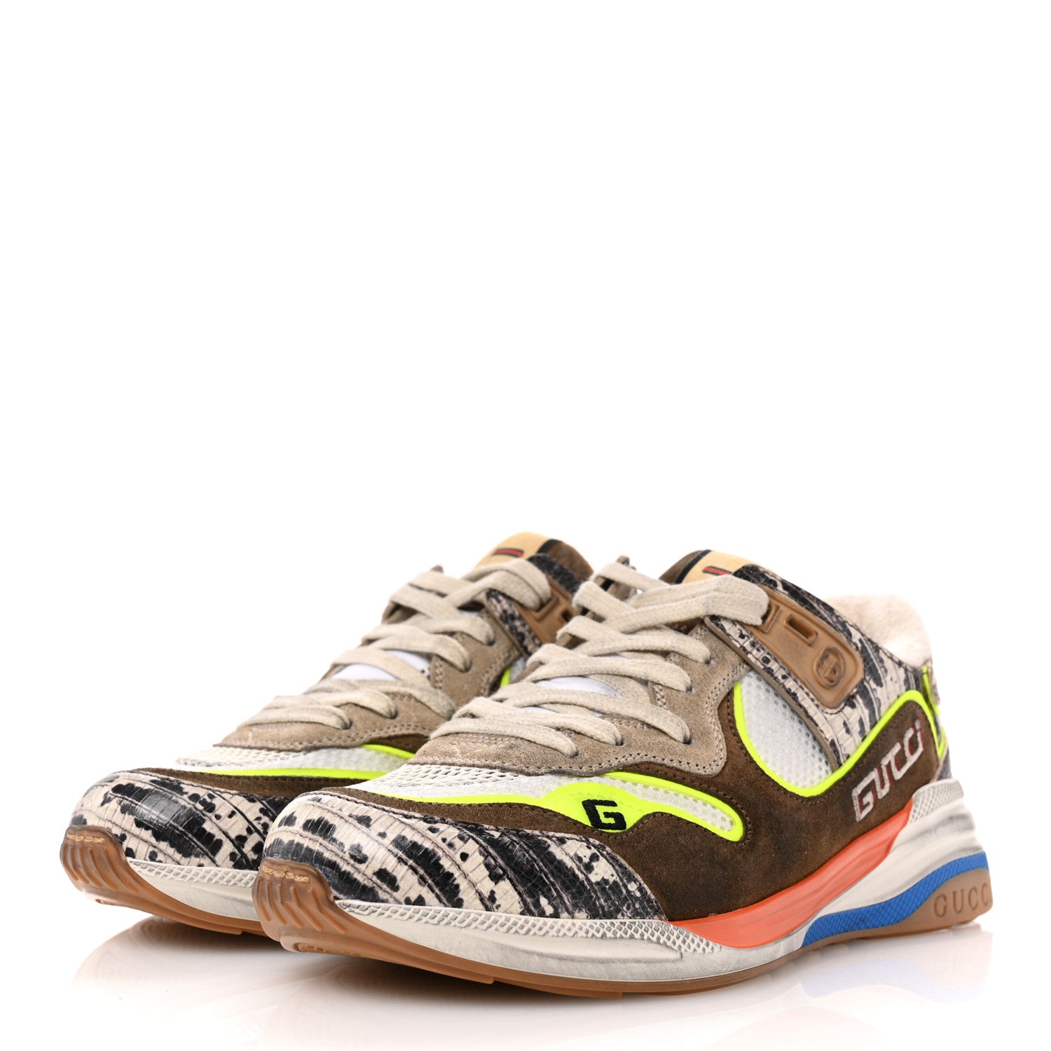 Gucci Suede Calfskin Tejus Printed Womens Ultrapace Sneakers 37 Natural Ardesia Neon Yellow 4 of 9