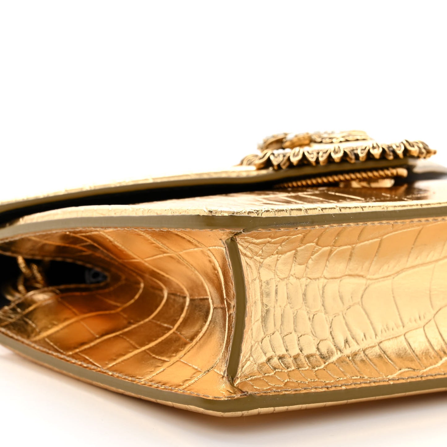 Metallic Calfskin Crocodile Embossed Mini Devotion Envelope Bag Gold