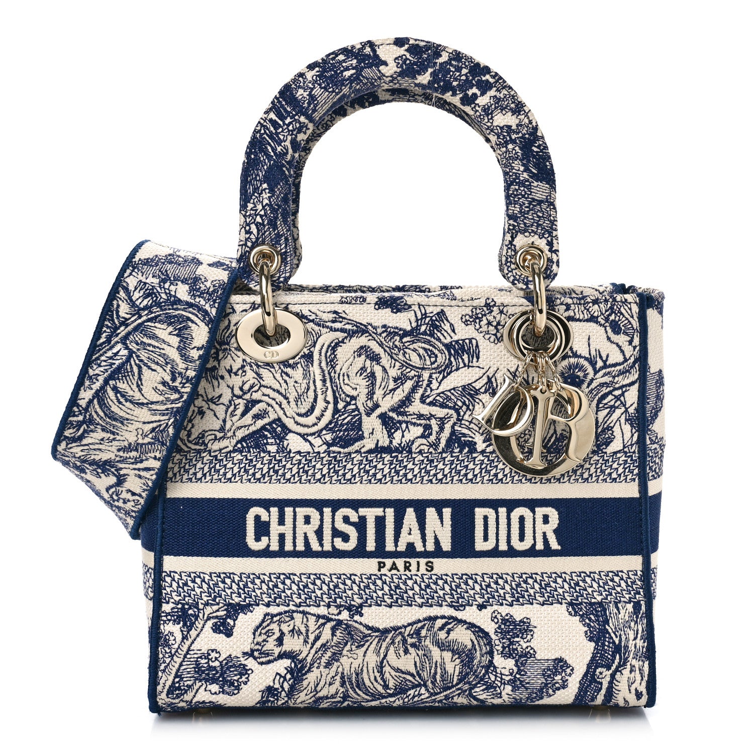 Christian Dior Canvas Toile De Jouy Embroidered Medium Lady D-Lite Navy 1 of 8