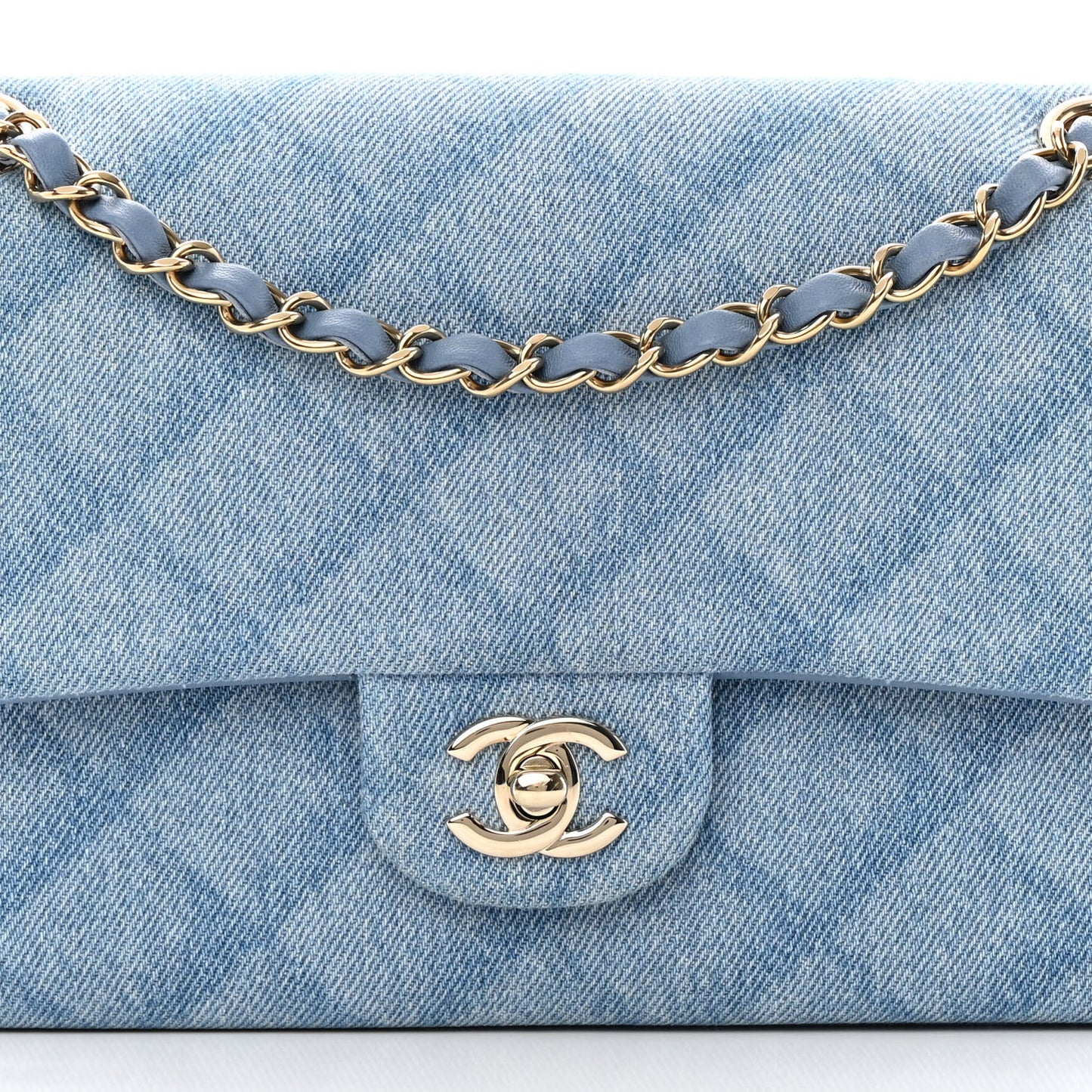 Printed Denim Quilted Medium Double Flap Light Blue