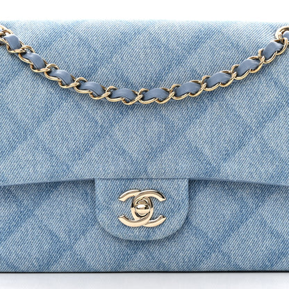 Chanel Printed Denim Quilted Medium Double Flap Light Blue 8 of 13