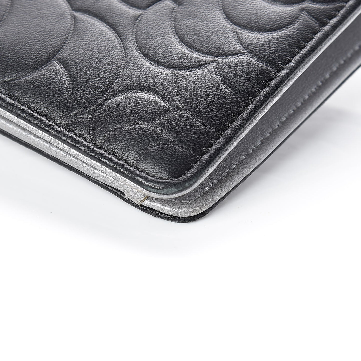 Lambskin Camellia Embossed Yen Wallet Black