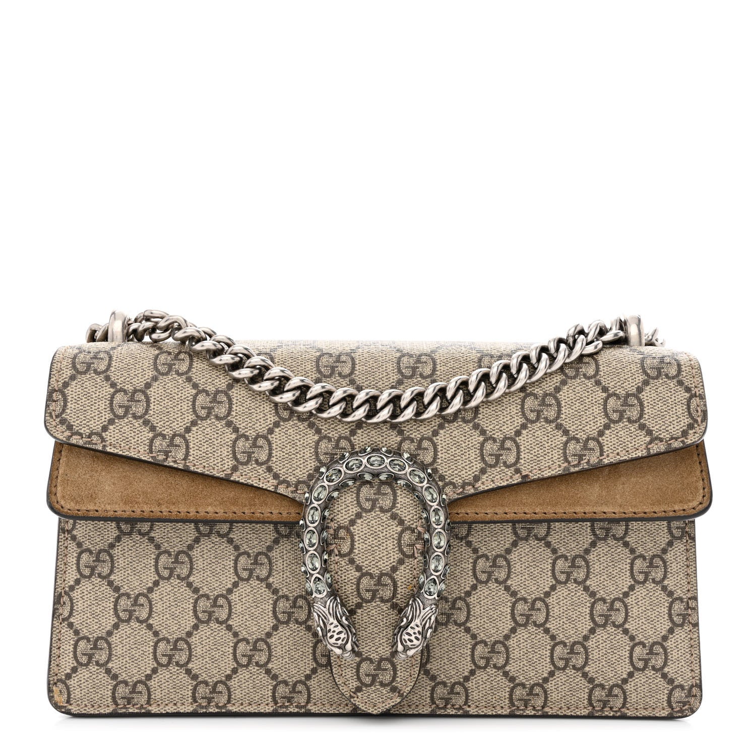 Gucci GG Supreme Monogram Suede Crystal Small Dionysus Shoulder Bag Beige Ebony Taupe 1 of 10