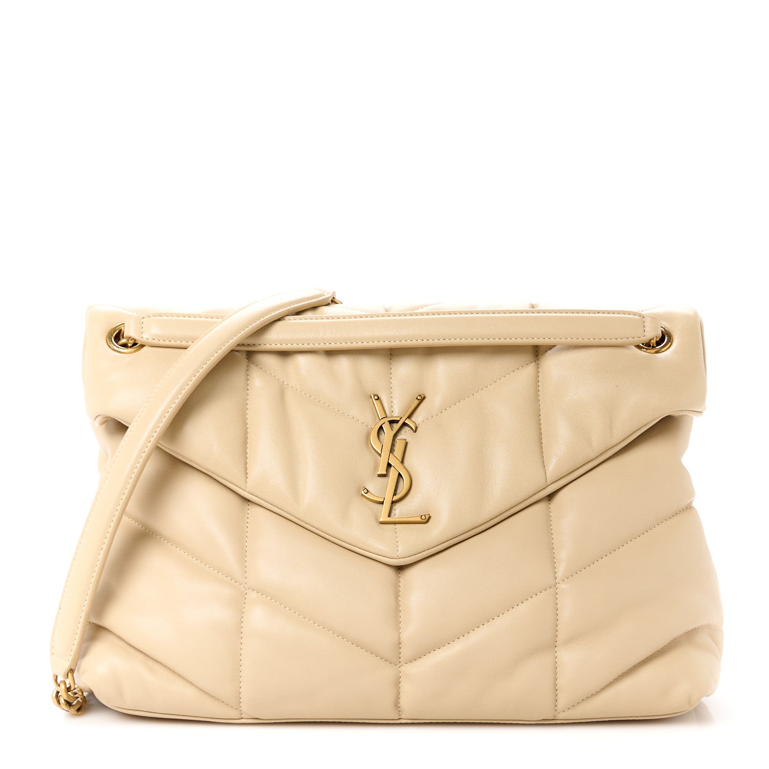 Saint Laurent Lambskin Quilted Medium Loulou Puffer Monogram Chain Satchel Dark Beige 1 of 10