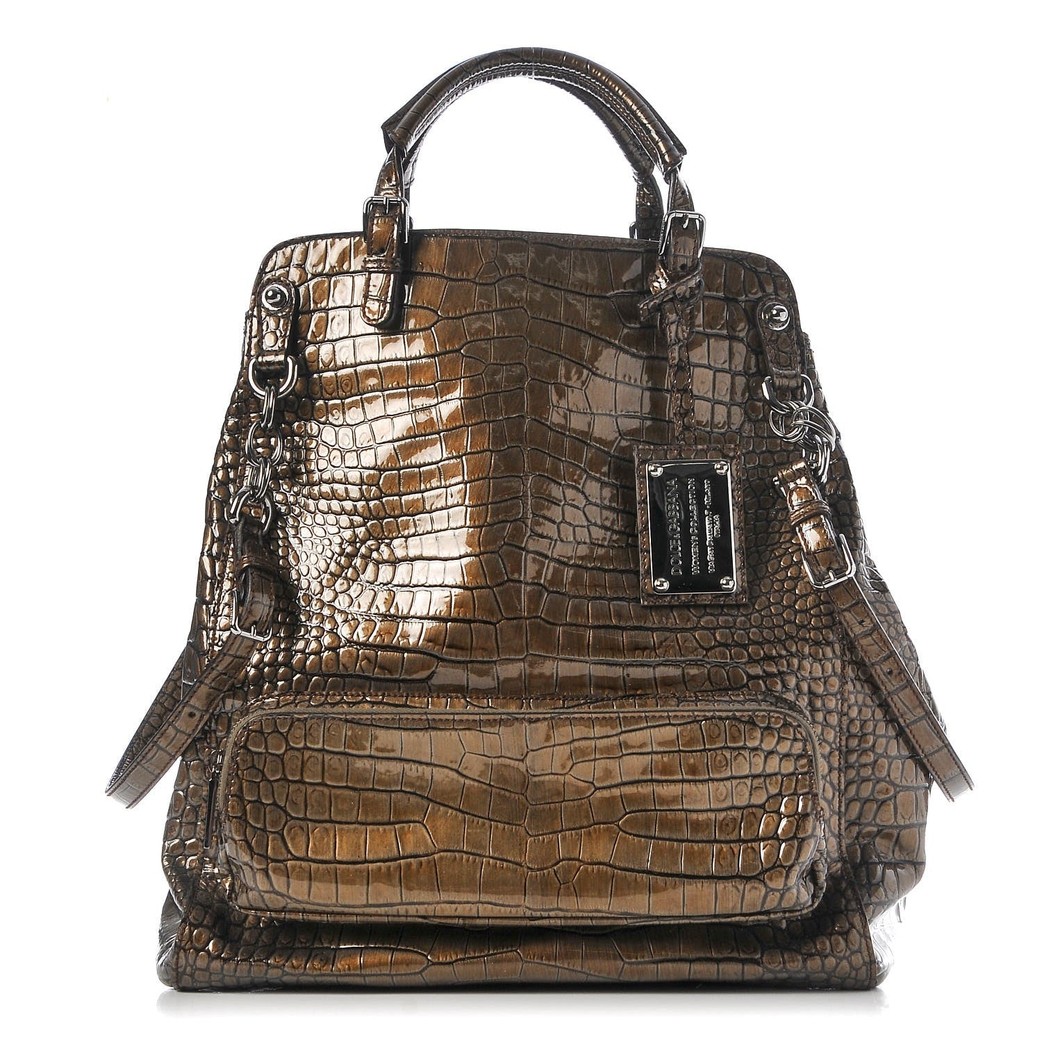 Dolce & Gabbana Patent Crocodile Embossed Miss Pocket Satchel Brown 1 of 8